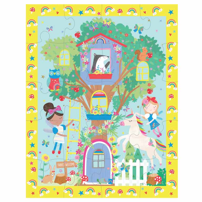 Quebra-cabeças de casa na árvore mágica com fadas e unicórnio