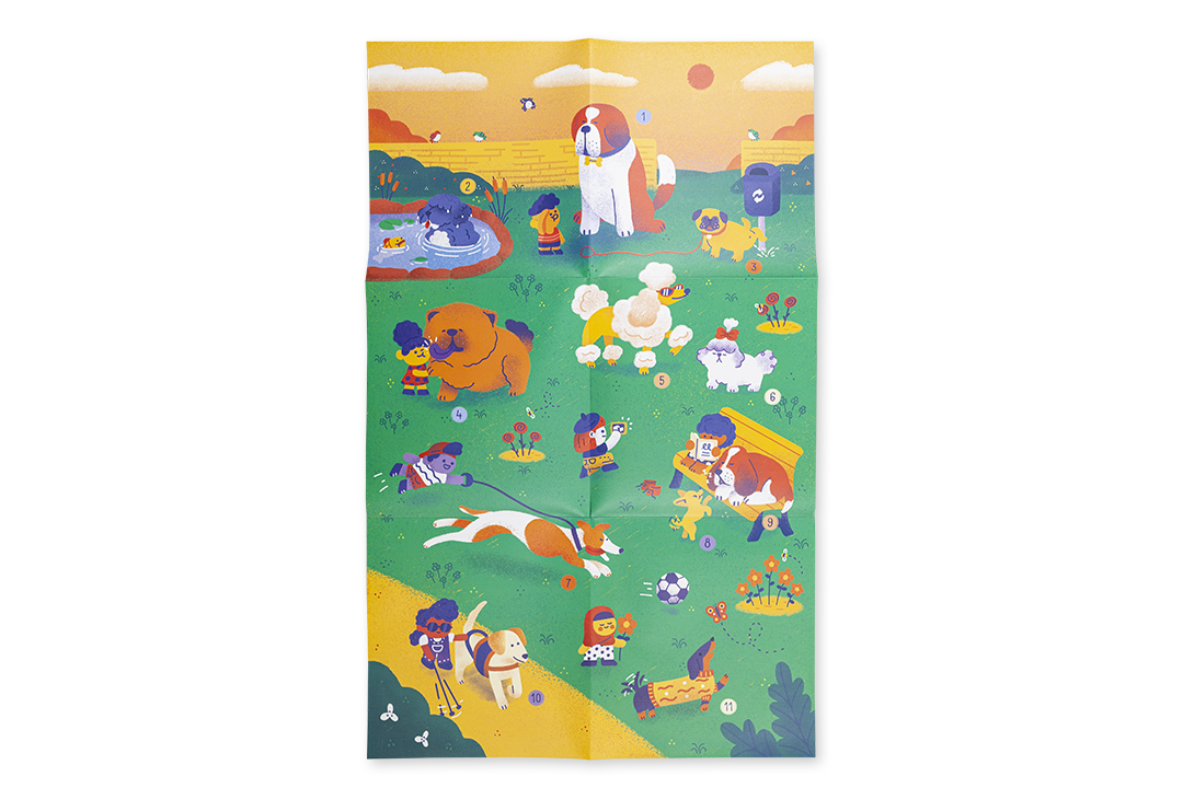 Cartaz ilustrado com crianças a brincar com cães em parque colorido.