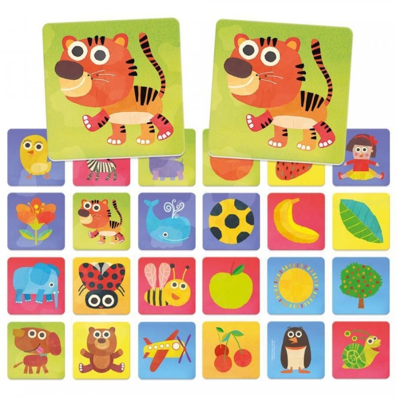 Cartas de jogo de memória com desenhos coloridos de animais e objetos.