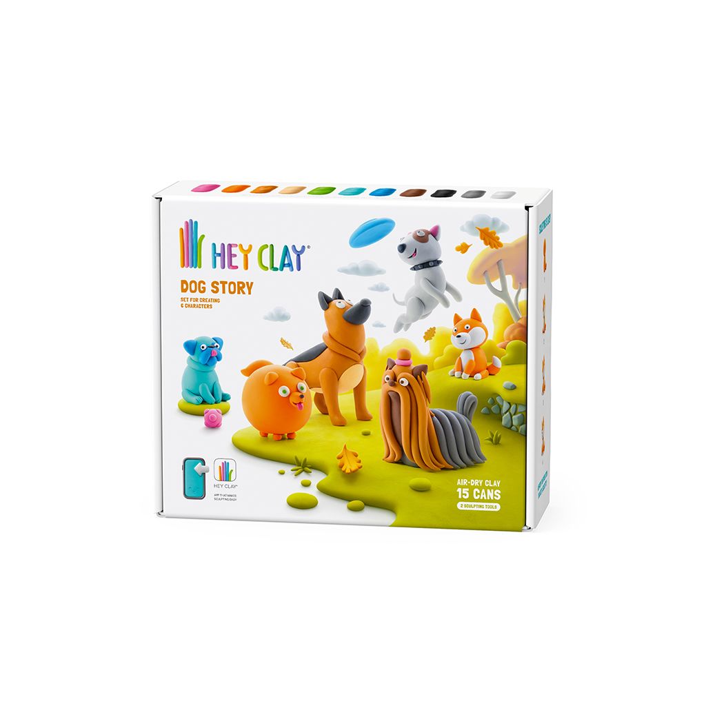Caixa HEY CLAY DOG STORY com figuras de cães em massa colorida e texto do produto