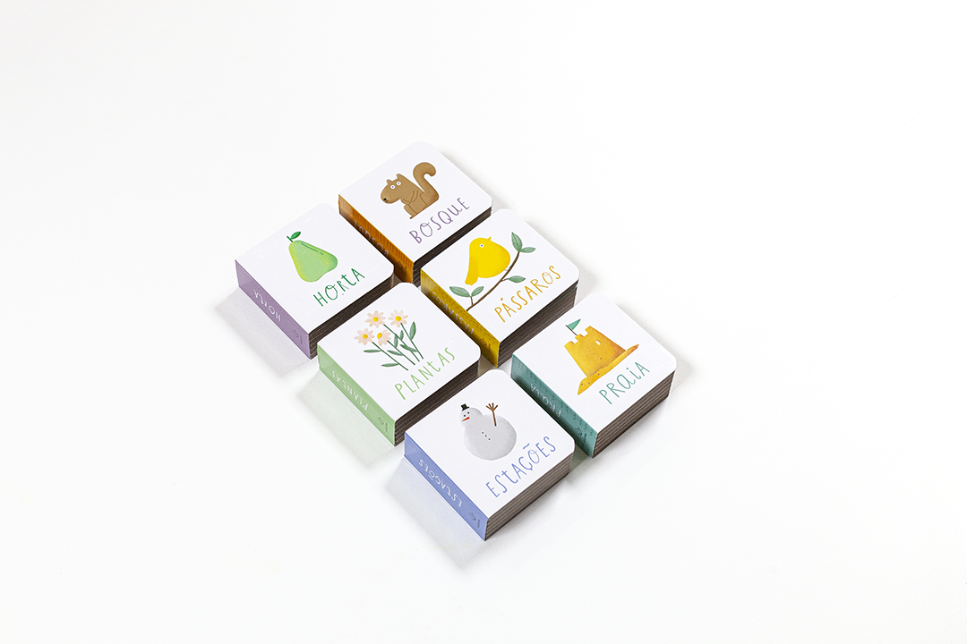 Blocos de madeira coloridos com ilustrações e palavras em português sobre fundo branco