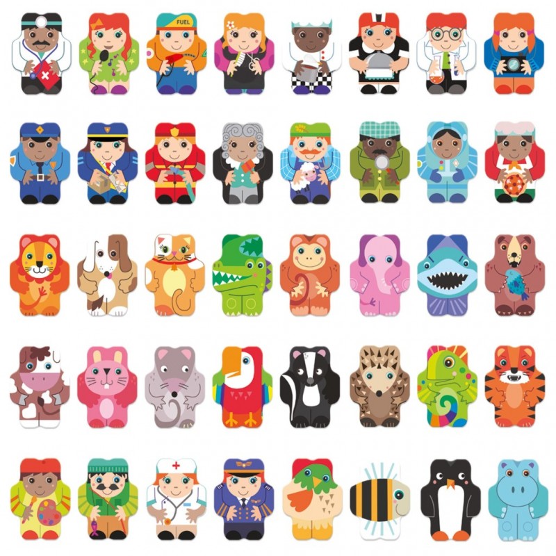 Conjunto de 40 bonecos de vinil coloridos representando animais e pessoas