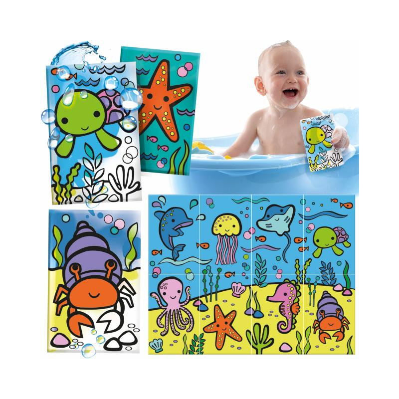 Livros de banho coloridos com animais marinhos e bebé na banheira azul