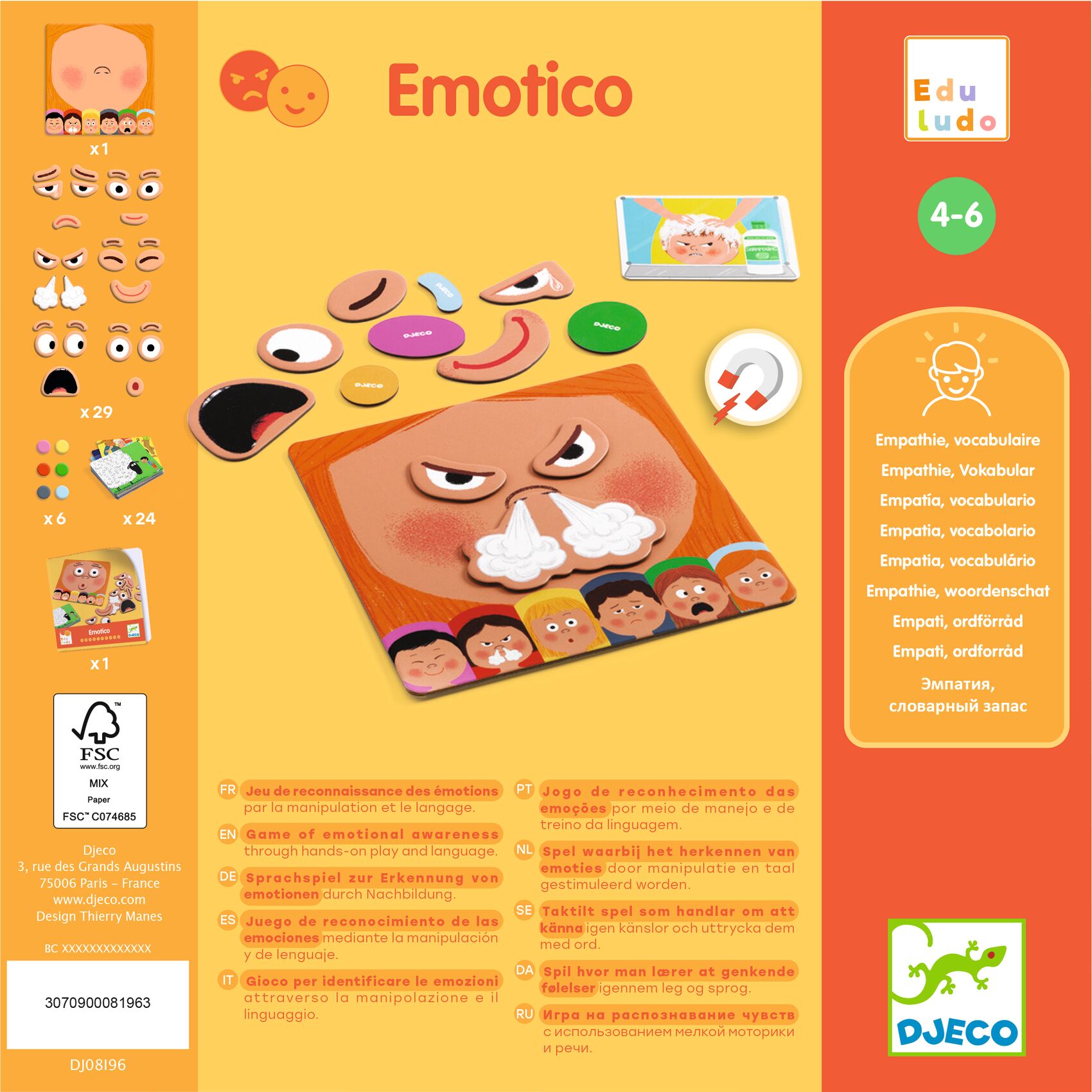Jogo infantil Emotico Djeco com peças de rosto para crianças de 4 a 6 anos