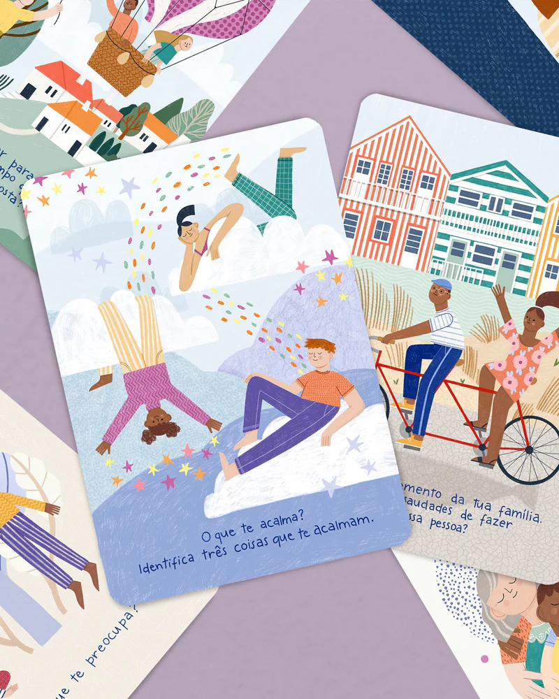 Cartões ilustrados coloridos com textos em português sobre emoções e atividades.