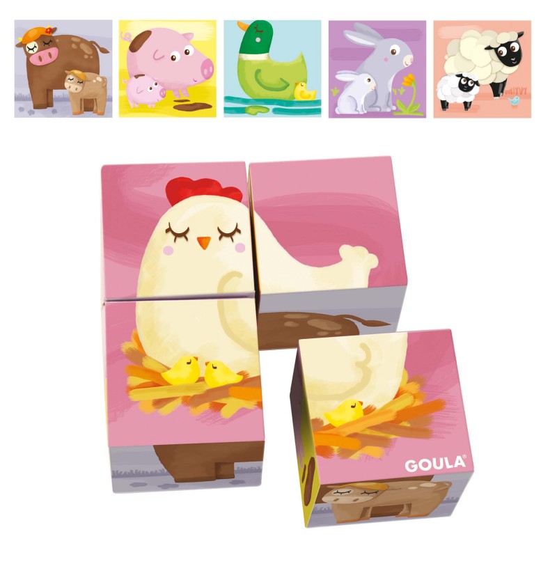 Cubos de madeira com imagens de galinha e pintinhos em fundo rosa, marca GOULA.