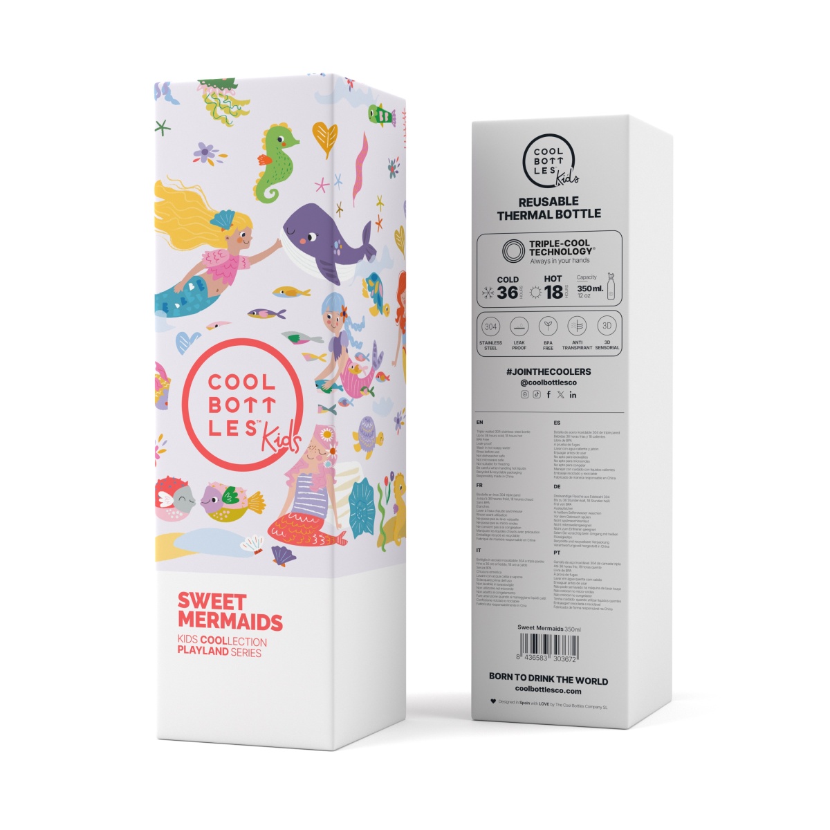 Embalagem da garrafa térmica Cool Bottles Kids com tema Sweet Mermaids, ilustrações de sereias e vida marinha, fundo branco