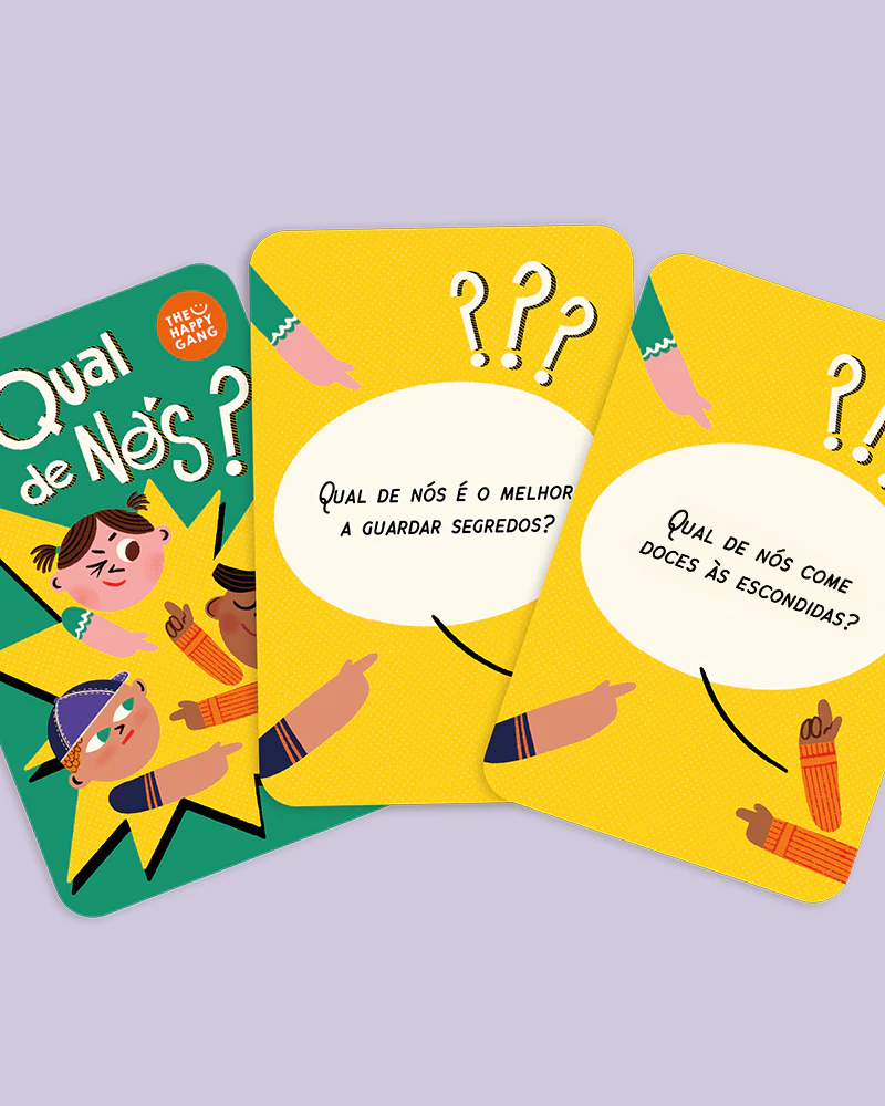 Cartas de jogo com perguntas em português e personagens desenhados coloridos