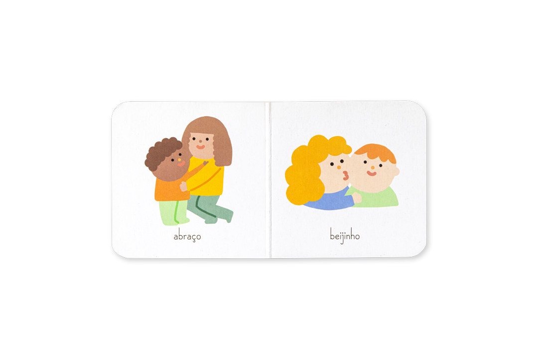 Página dupla de livro infantil com ilustrações coloridas mostrando um abraço e um beijo.