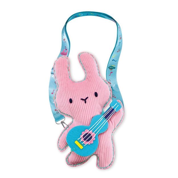 Mala infantil em forma de coelho cor-de-rosa com guitarra azul e alça azul estampada