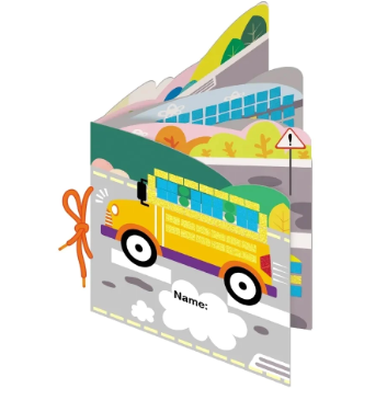 Livro infantil ilustrado com autocarro amarelo e espaço para nome