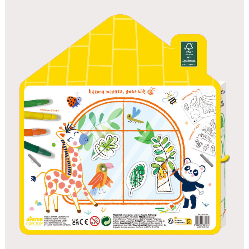 Caixa de atividade infantil em forma de casa amarela com desenhos coloridos