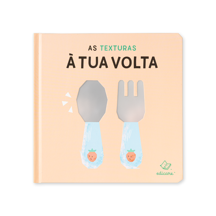 Capa de livro infantil AS TEXTURAS À TUA VOLTA com ilustrações de colher e garfo.
