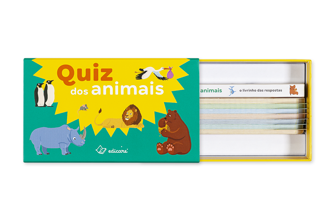 Jogo de cartas Quiz dos animais com caixa verde e amarela e ilustrações de animais