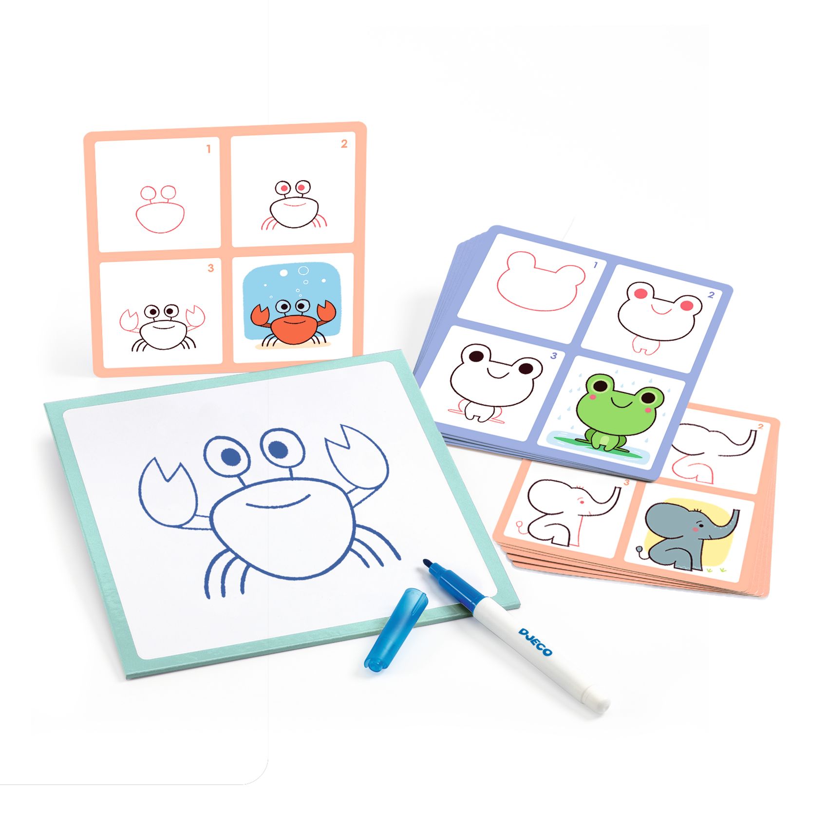 Cartões com desenho passo a passo de animais e quadro branco com desenho de caranguejo e canetas.