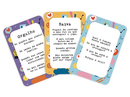 Três cartas coloridas com texto em português sobre emoções em molduras roxa, azul e azul claro.