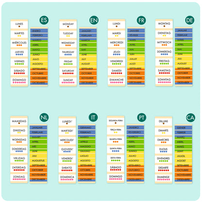Calendários mensais em 11 idiomas com dias da semana e meses em cartões coloridos.