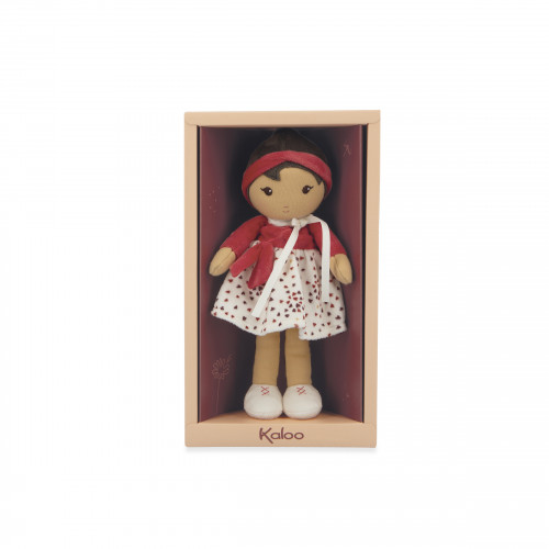 Boneca de tecido KALOO castanha vestida de vermelho e branco em caixa.