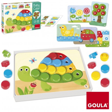 Jogo educativo infantil com peças coloridas e base de madeira, tema tartaruga e outros desenhos, embalagem com escrita Baby Color e logo GOULA