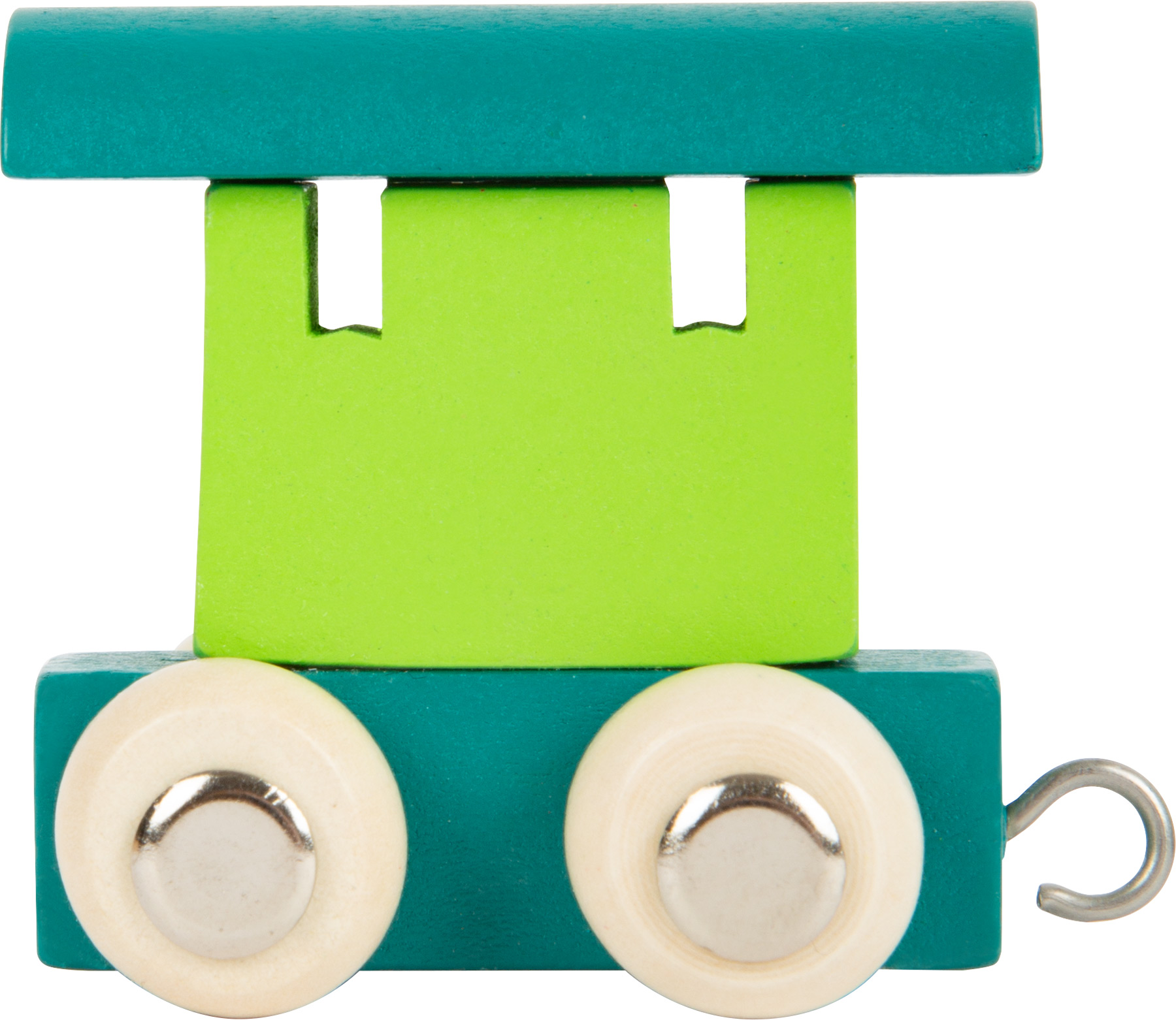 Brinquedo carrinho de madeira verde e azul com rodas brancas e gancho metálico