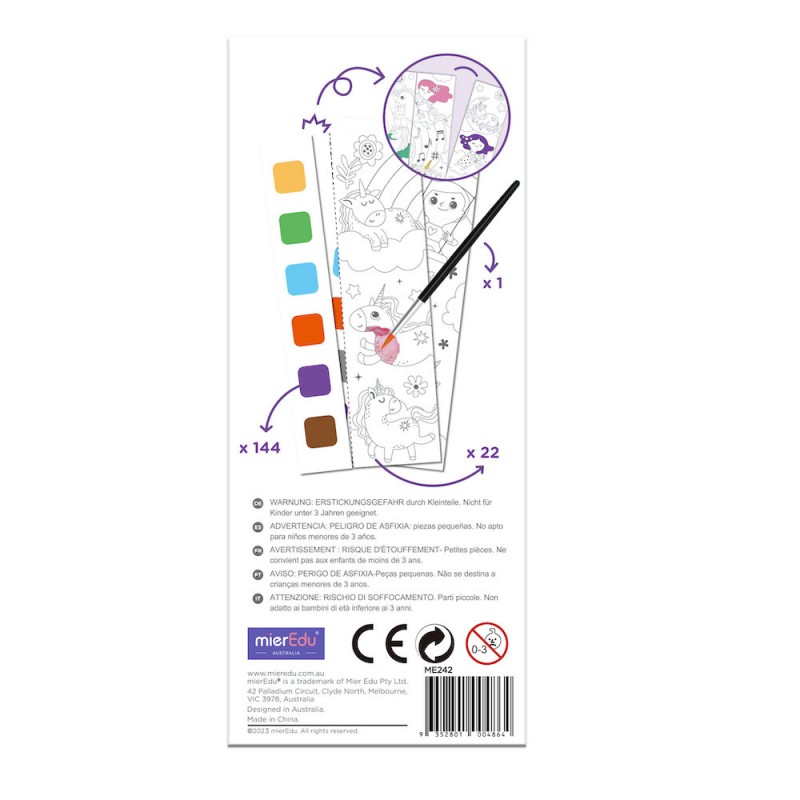 Parte traseira da embalagem de kit para colorir com pincel de água e instruções
