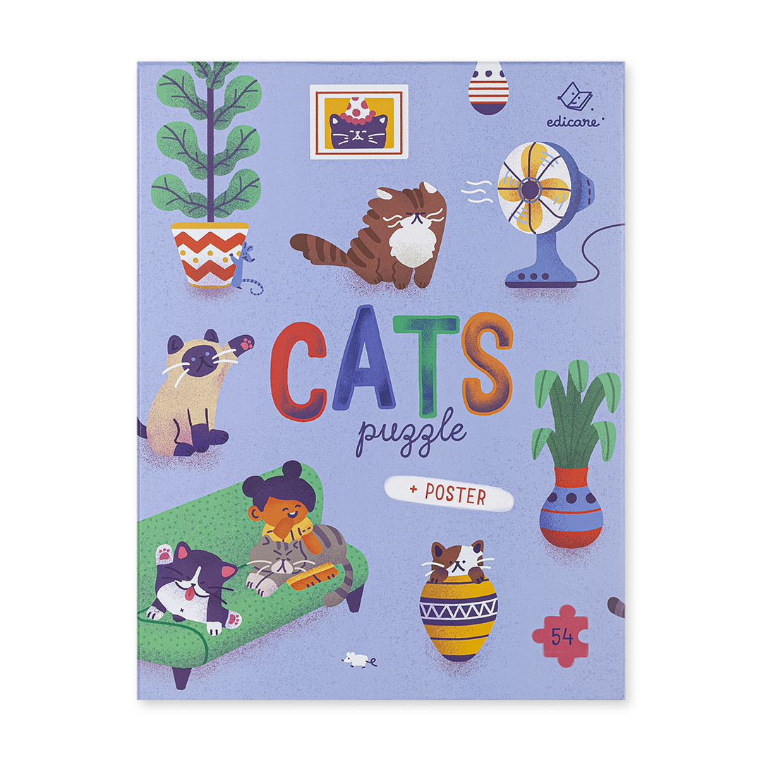 Embalagem de puzzle 'CATS puzzle + POSTER' com ilustrações de gatos e objetos coloridos