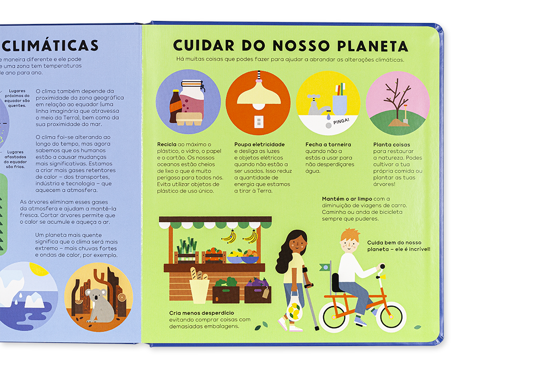 Página ilustrada de livro infantil com texto sobre mudanças climáticas e cuidados ambientais