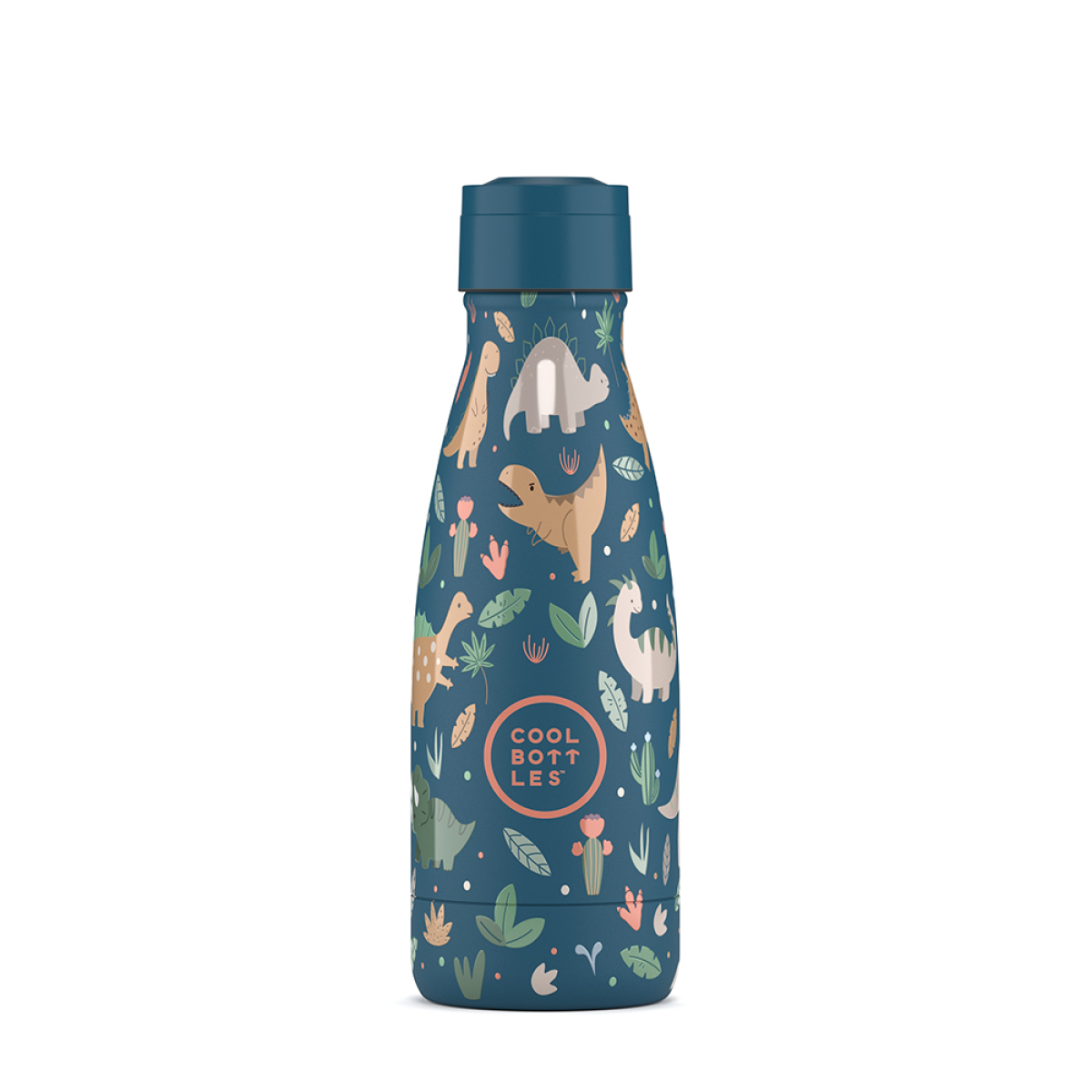 Garrafa térmica azul com desenho de dinossauros e plantas coloridos