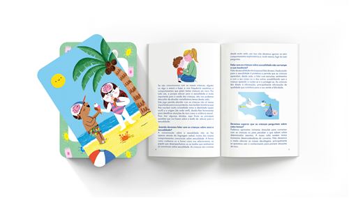 Conjunto de cartas ilustradas coloridas junto a livro aberto com texto em português