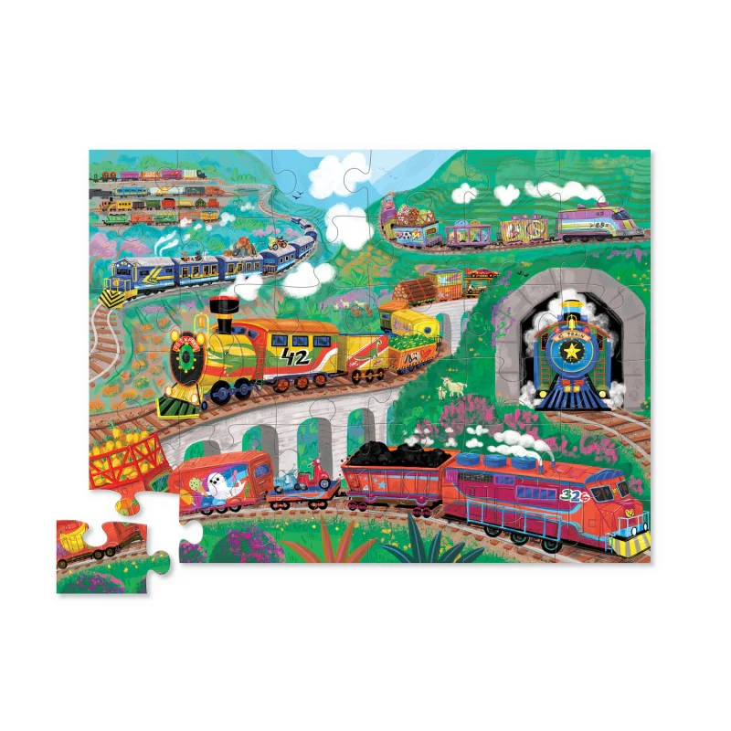 Quebra-cabeças infantil com comboios coloridos em várias paisagens.