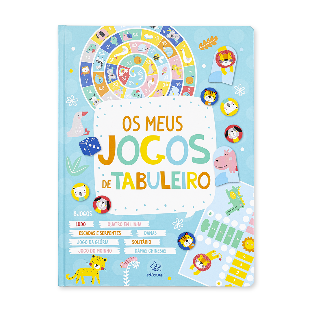 Capa colorida de livro de jogos de tabuleiro com ilustrações e lista de jogos