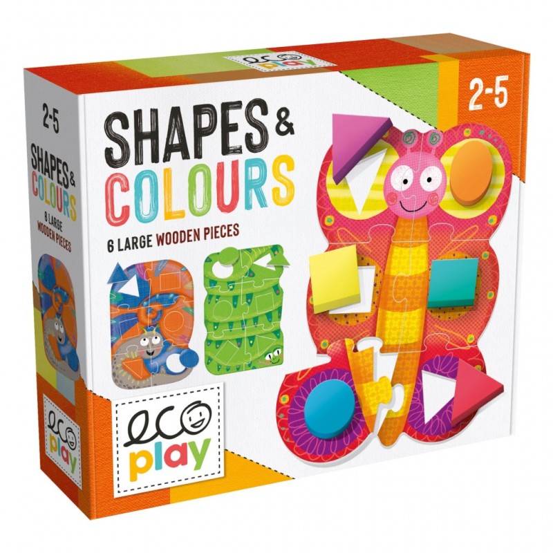 Caixa de jogo educativo SHAPES & COLOURS para crianças, 6 peças de madeira coloridas