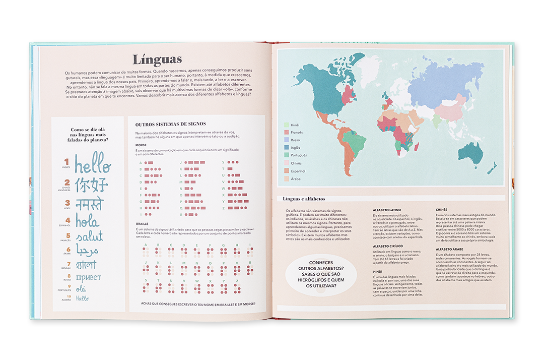 Página dupla de livro com mapas, tabelas e palavras em várias línguas sobre o tema linguas.