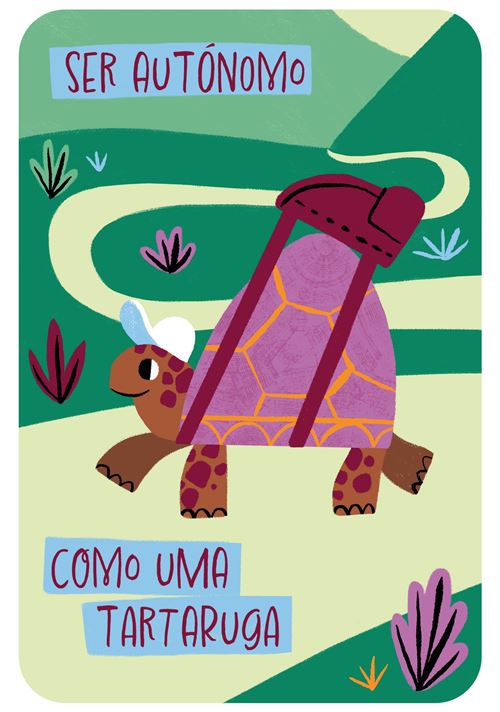 Ilustração de tartaruga com capacete e asas, fundo verde com texto em português.