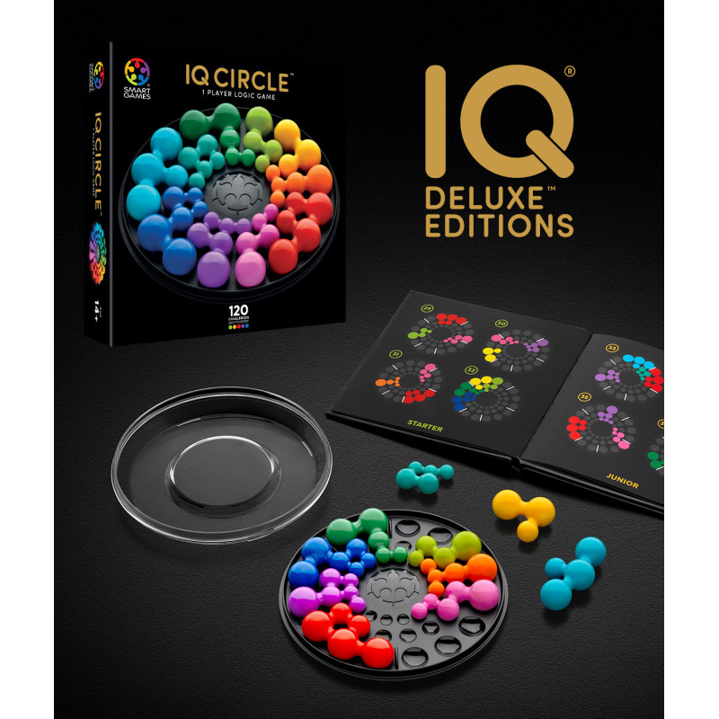 Jogo IQ Circle Deluxe Editions com peças coloridas, tabuleiro negro, tampa transparente, livro de desafios e caixa do jogo