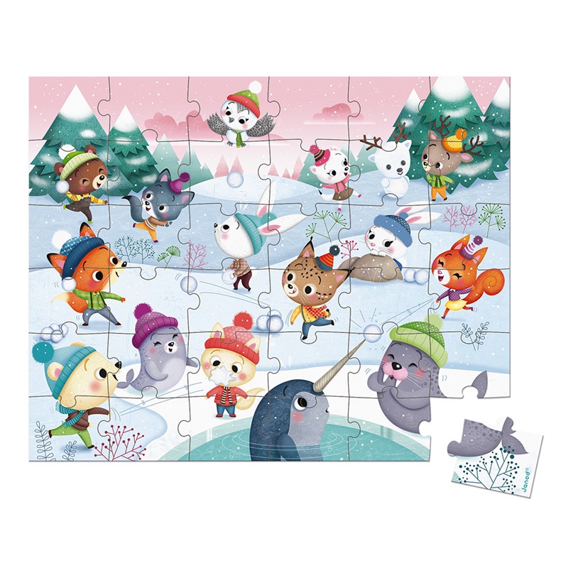 Puzzle infantil com animais e cenário de inverno em peças grandes