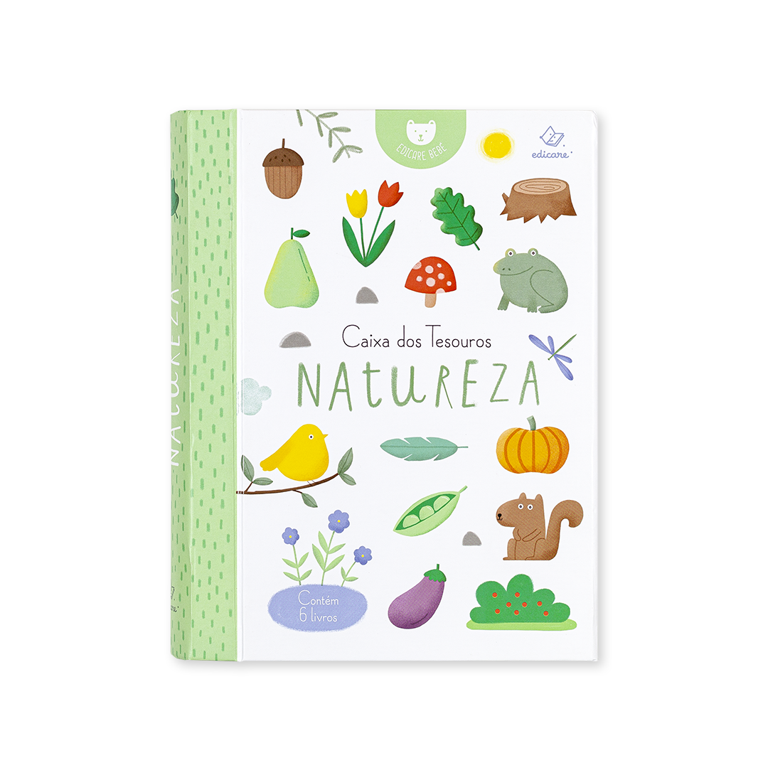 Caixa de livros com ilustrações de natureza e texto 'Caixa dos Tesouros NATUREZA'