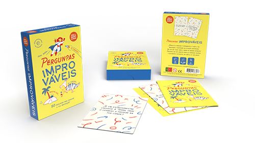 Jogo de cartas 'Perguntas Improváveis' com caixa e cartas amarelas e azuis