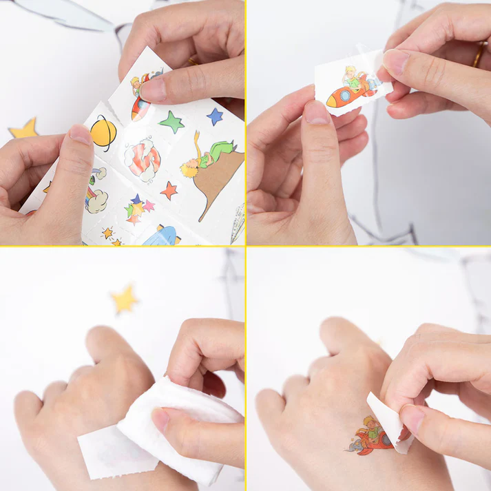 Aplicação de autocolantes temporários com desenhos coloridos na pele