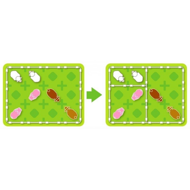 duas pranchas verdes com desenhos de ovelhas e porcos, mostrando mudança de divisão com seta