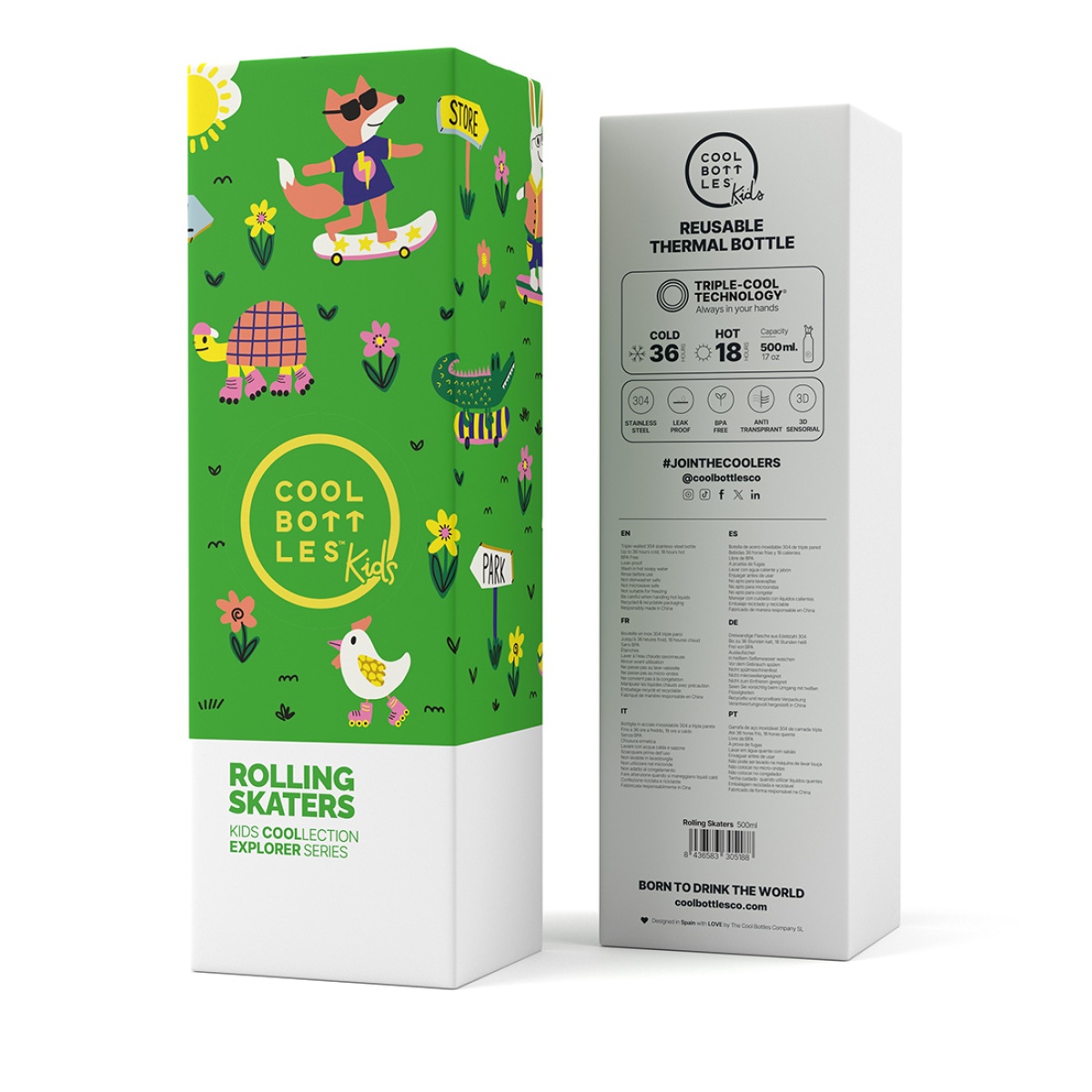 Embalagem colorida de garrafa térmica infantil COOL BOTTLES Kids com desenhos de animais patinadores em fundo verde