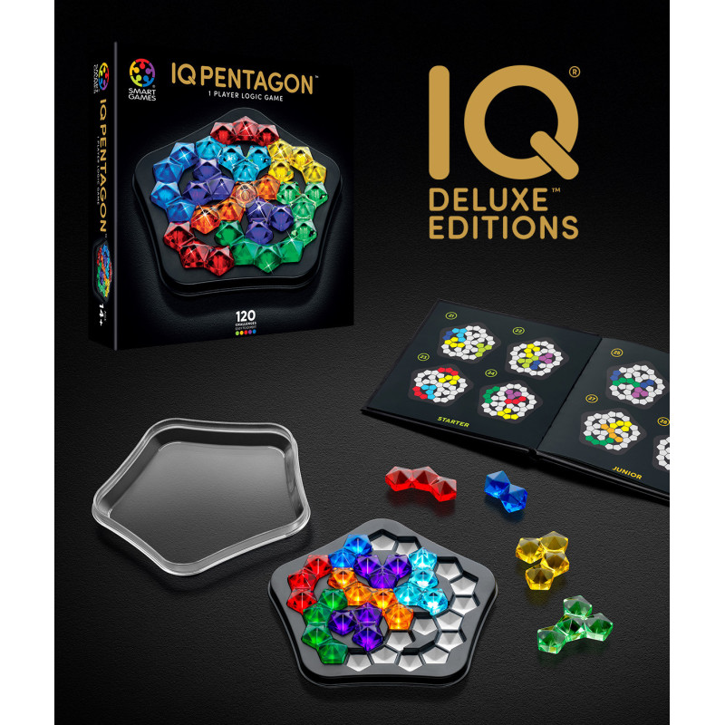 Jogo IQ PENTAGON com peças coloridas de plástico translúcido e tabuleiro pentagonal preto, caixa e livro de desafios abertos.