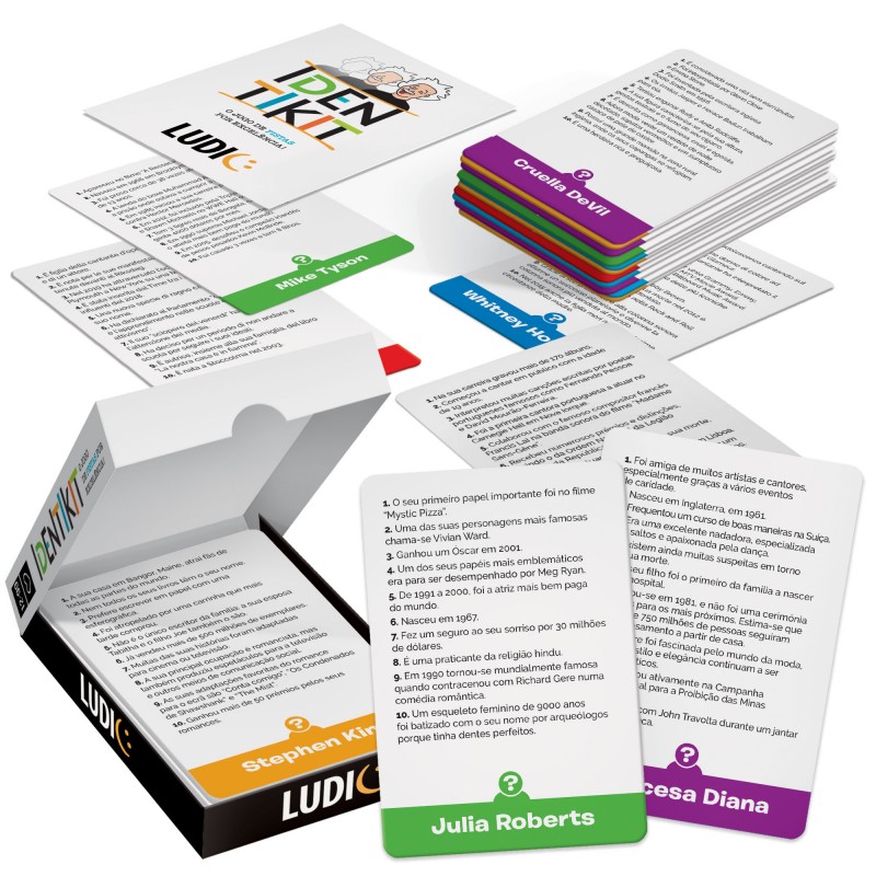 Jogo de cartas coloridas sobre mesa com caixa branca aberta e cartas com texto em português