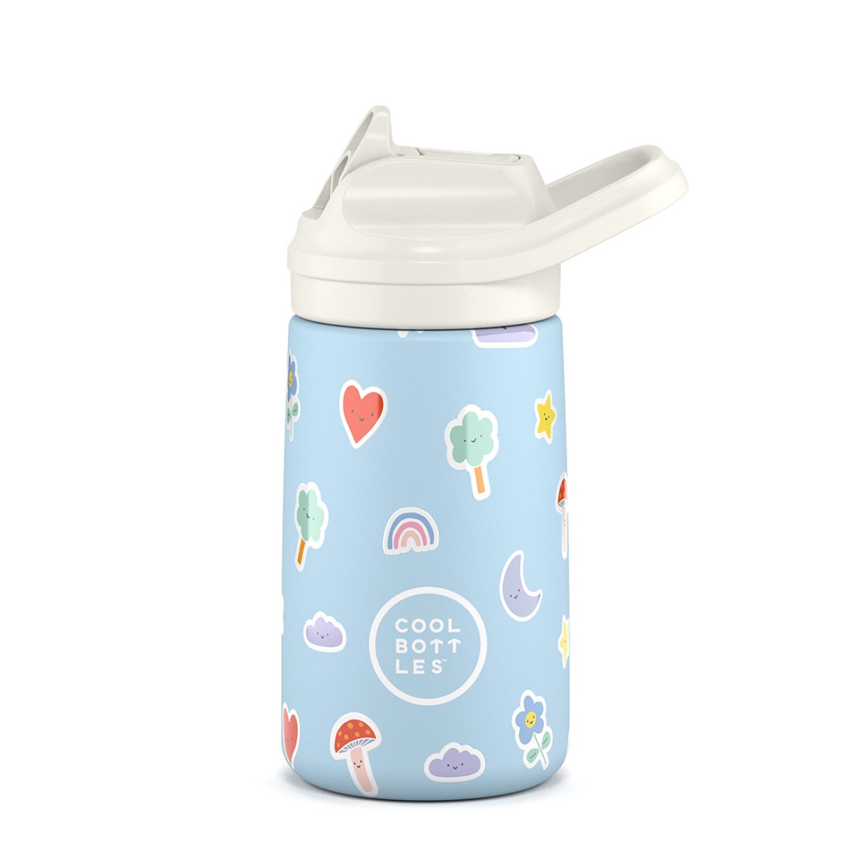 Garrafa infantil azul com tampa branca e desenhos de personagens sorridentes.