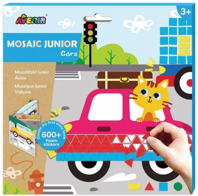 Jogo de mosaico infantil Avenir com mais de 600 autocolantes de espuma para criar imagens de carros coloridos, embalagem ilustrada com carro rosa e gato amarelo.
