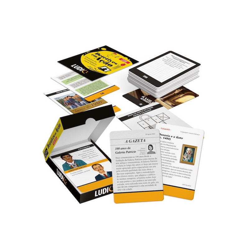 Jogo de cartas Repórter em Ação com caixa preta e amarela e cartas ilustradas e textuais.