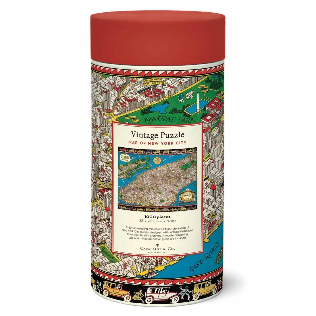 Embalagem cilíndrica vermelha de puzle vintage com mapa colorido de New York City.
