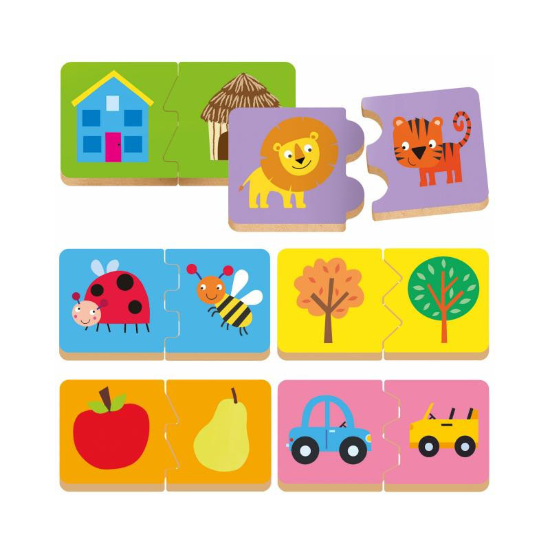 Peças de puzzle coloridas em madeira com imagens de animais, objetos e árvores.