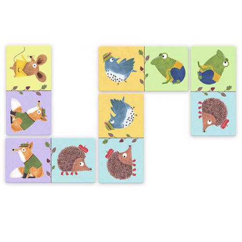 Blocos de madeira com desenhos de animais amarelo, azul, verde e castanho em fundo colorido