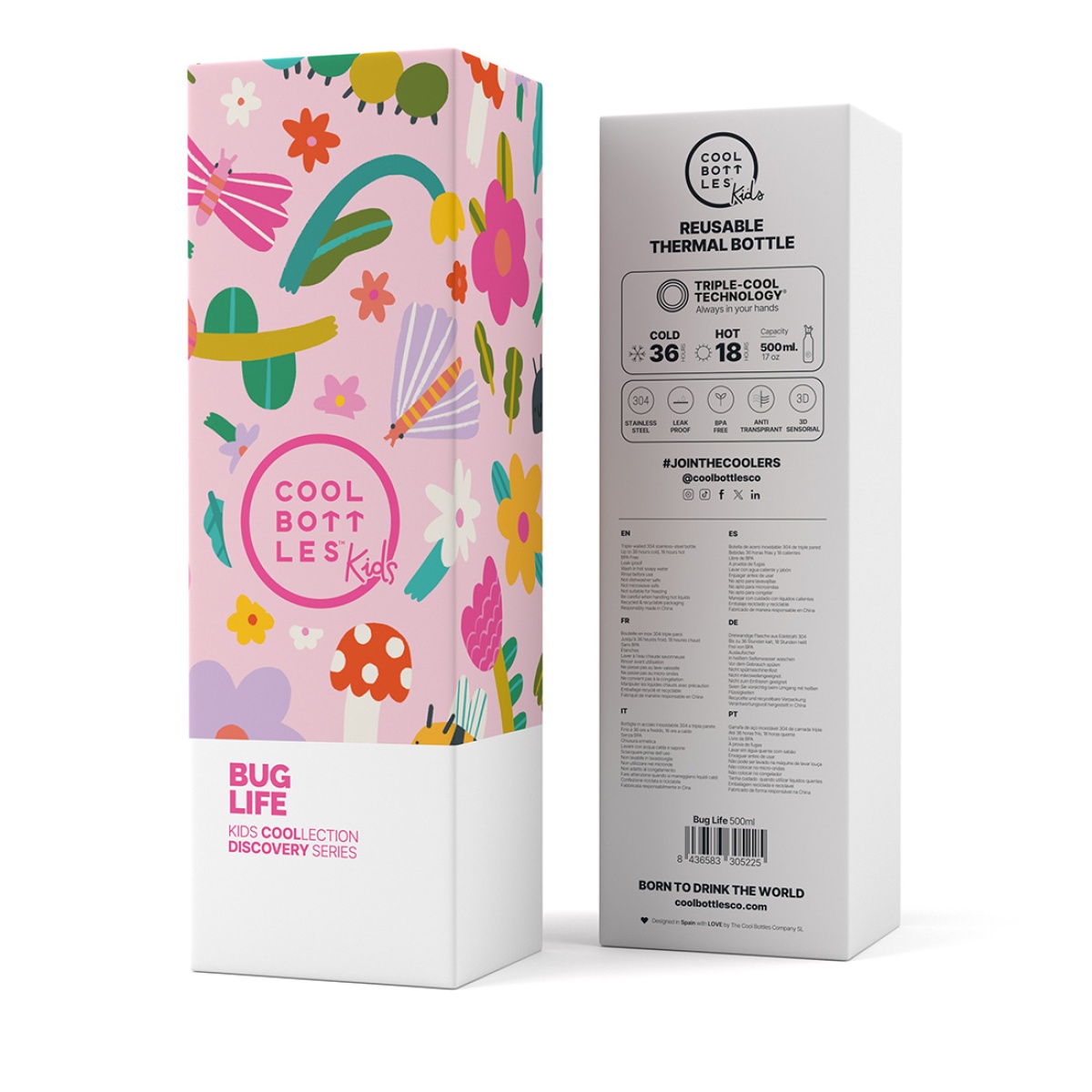 Embalagem rosa colorida com ilustrações e texto COOL BOTTLES Kids e caixa branca com texto e código de barras.